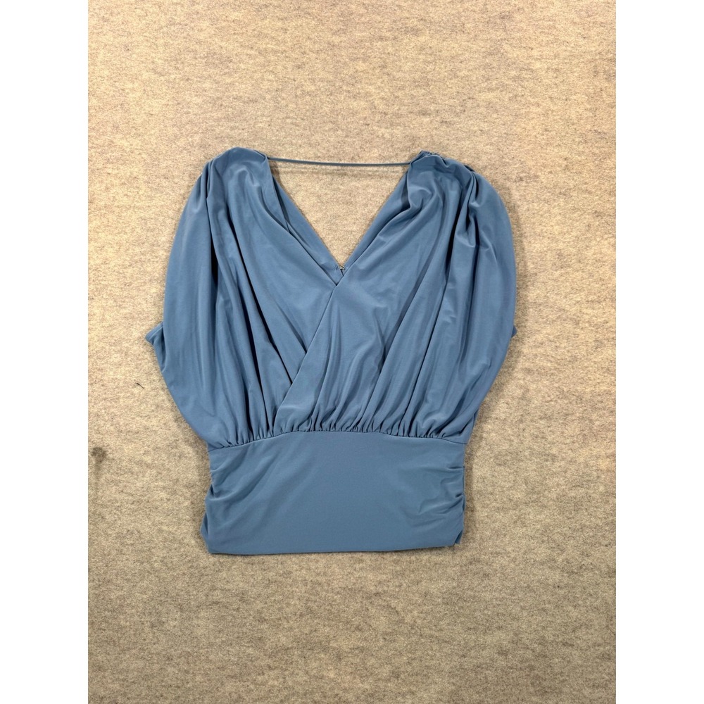 White House Black Market MJ Banded Bottom Top Womens XS Denim Blue Plunge V Neck